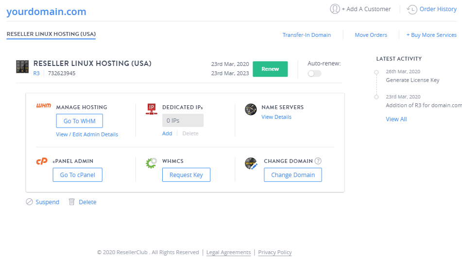 Resellerclub Manage Order