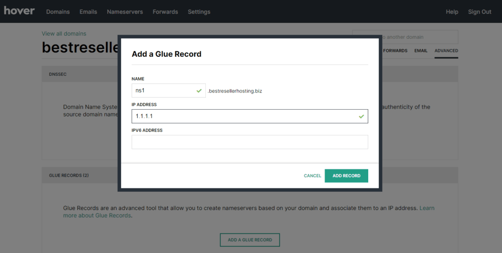 Add a Glue Record at Hover